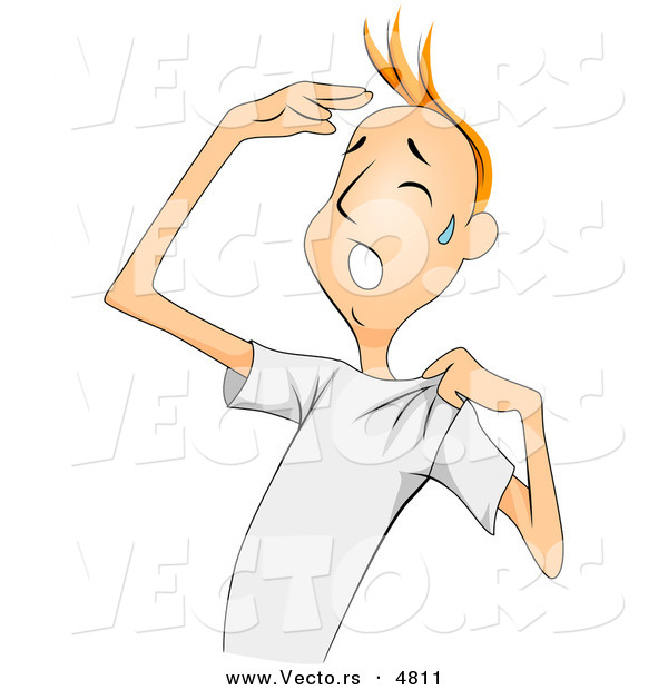 Vector of a Sweating Cartoon Man Touching His Forehead While Airing out His Shirt on a Hot Summer Day