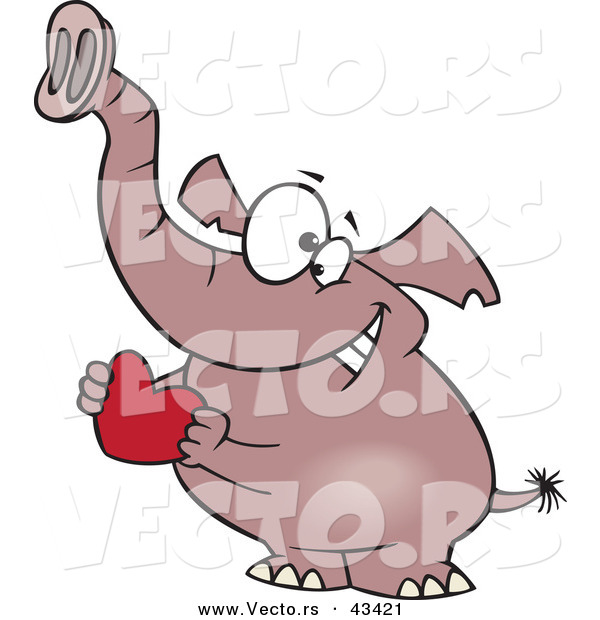 Vector of a Sweet Cartoon Elephant Holding a Red Valentine Love Heart
