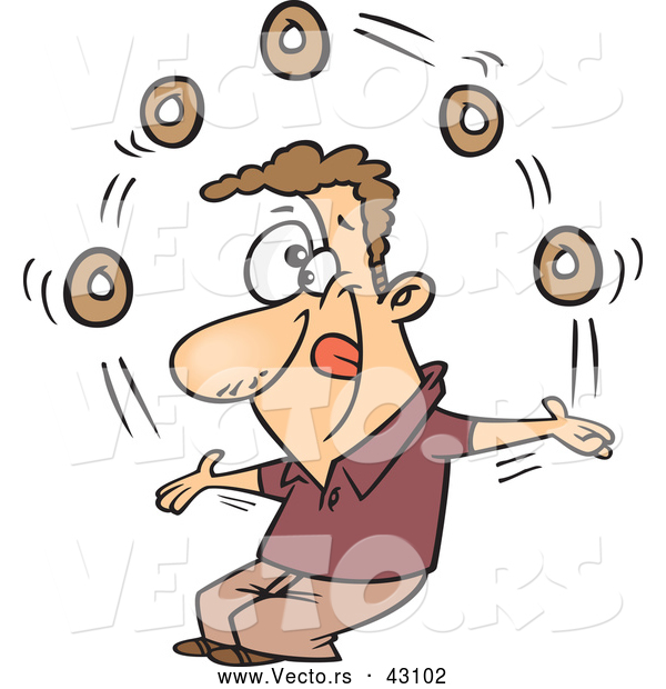 Vector of a Talented Cartoon Man Juggling 5 Donuts While Smiling and Licking His Lips