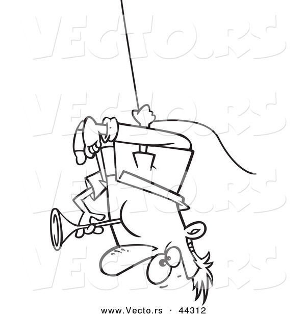 Vector of a Talented Cartoon Man Swinging Upside down While Playing Horn - Coloring Page Outline