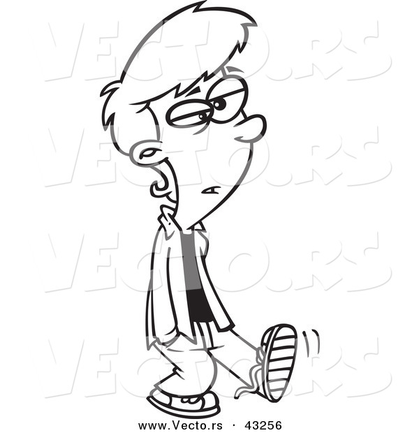 Vector of a Teenage Cartoon Boy Walking with His Hands in His Pockets - Coloring Page Outline