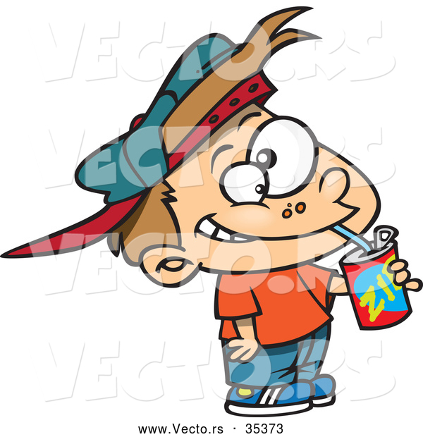 Vector of a Thirsty Cartoon Boy Drinking a Soda and Getting a Sugar High
