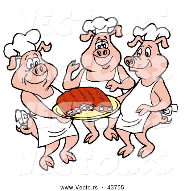 Vector of a Three Happy Cartoon Chef Pigs Serving Platter Full of Fresh BBQ Pork Ribs