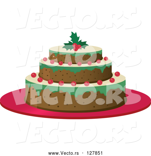 Vector of a Three Layered Cake with Berries and a Holly Garnish