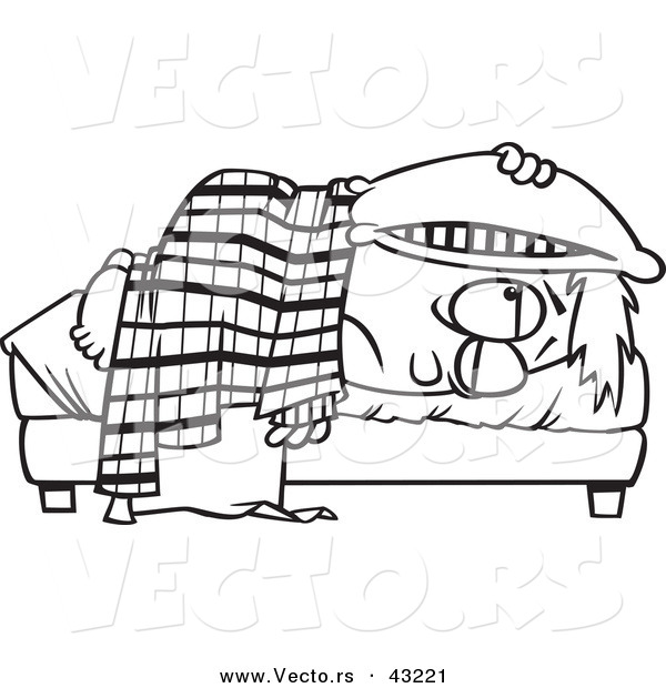 Vector of a Tired Cartoon Boy Lying in Bed with a Pillow over His Head - Coloring Page Outline