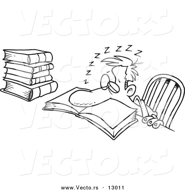 Vector of a Tired Cartoon Man Sleeping over His School Book - Coloring Page Outline Version