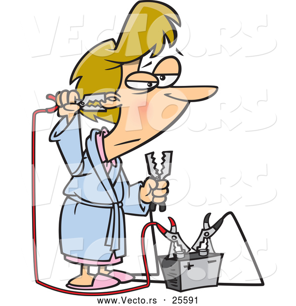 Vector of a Tired Cartoon Woman Trying to Jump Start Her Brain with a Battery and Jumper Cables
