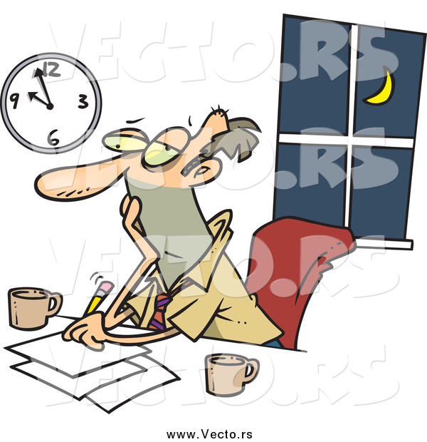 Vector of a Tired Caucasian Businessman Working Overtime