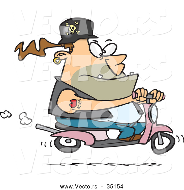Vector of a Tough Cartoon Biker Man Riding a Pink Scooter