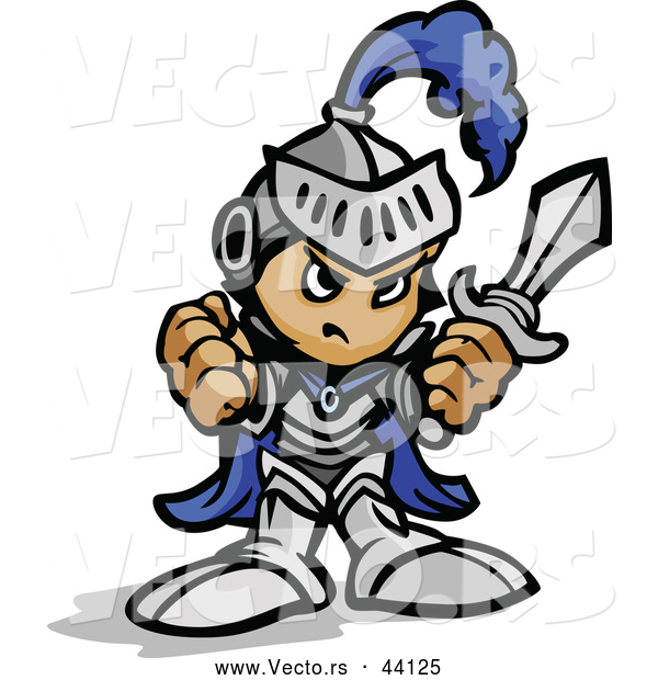 Vector of a Tough Cartoon Boy Wearing Knight Gear While Holding up His Fist and a Sword