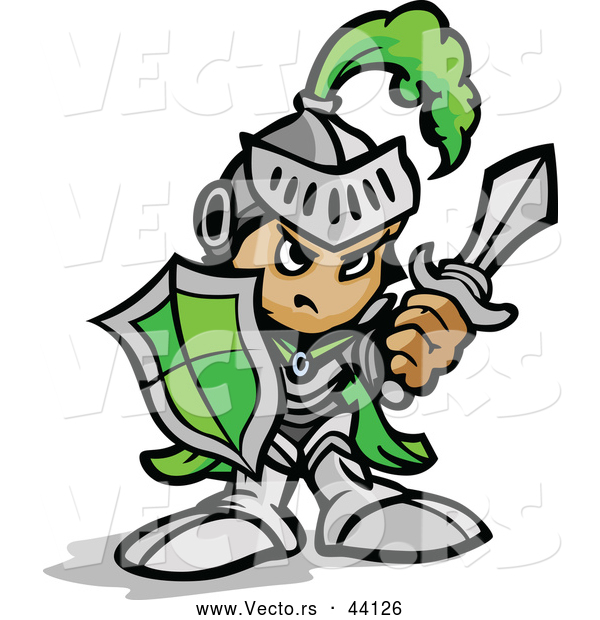 Vector of a Tough Cartoon Green Knight Armed with a Sword and Protective Shield