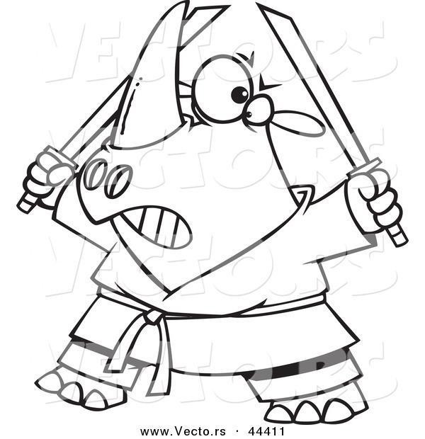 Vector of a Tough Cartoon Ninja Rhino Holding Swords - Coloring Page Outline