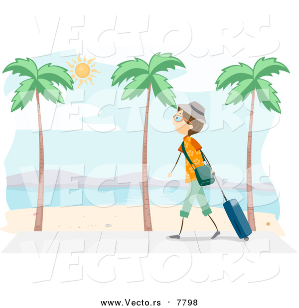 Vector of a Traveling Boy Walking on a Beach with Palm Trees
