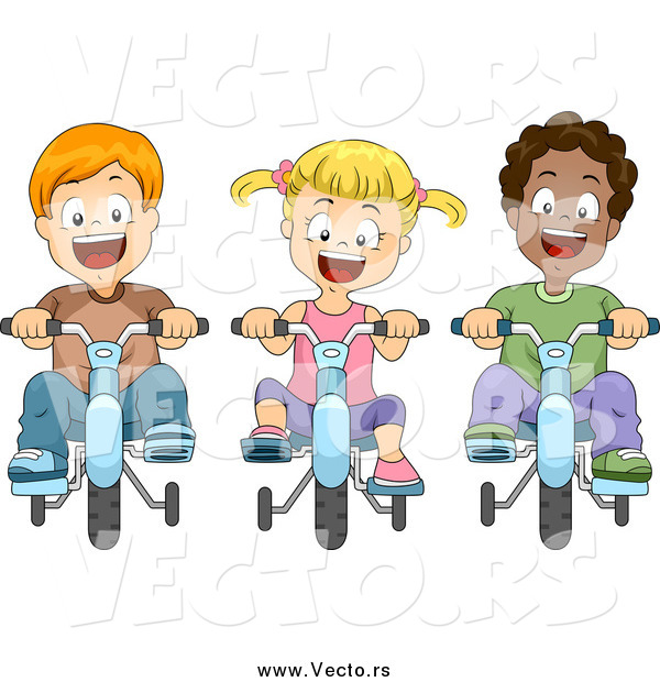 Vector of a Trio of Happy Kids Riding Bikes with Training Wheels