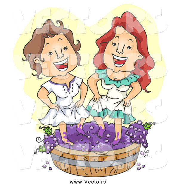 Vector of a Two Happy White Women Stomping Grapes over Yellow