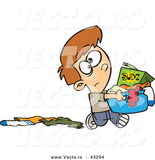 Vector of a Unhappy Cartoon Boy Carrying Laundry Basket Full of Clothes with a Box of Detergent