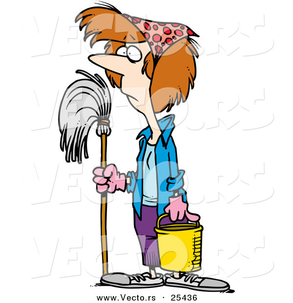 Vector of a Unhappy Cartoon Female Janitor Standing with Mop and Bucket