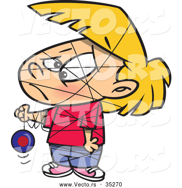 Vector of a Unhappy Cartoon Girl Tangled in Yo-Yo String Toy