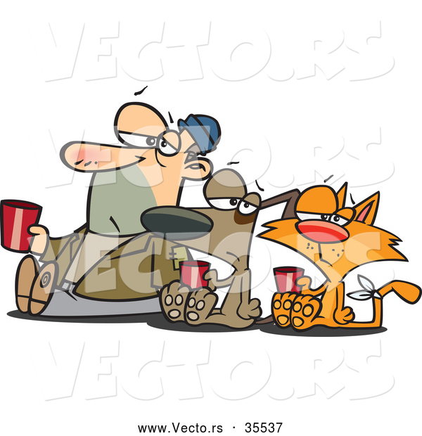 Vector of a Unhappy Cartoon Homeless Man, Dog, and Cat Begging for Money and Food