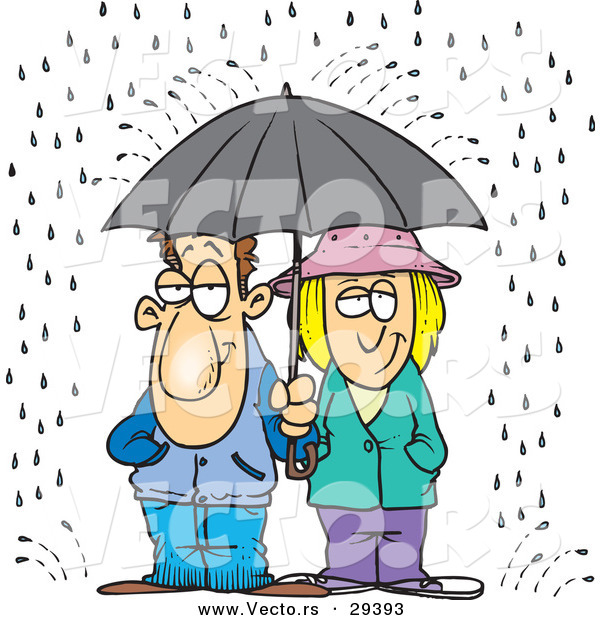Vector of a Unhappy Cartoon Man and Woman Sharing an Umbrella in the Rain