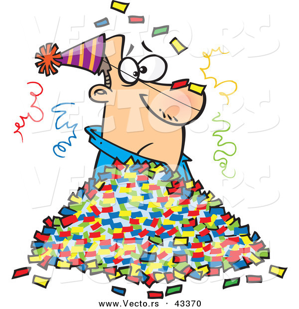Vector of a Unhappy Cartoon Man in a Pile of Party Confetti
