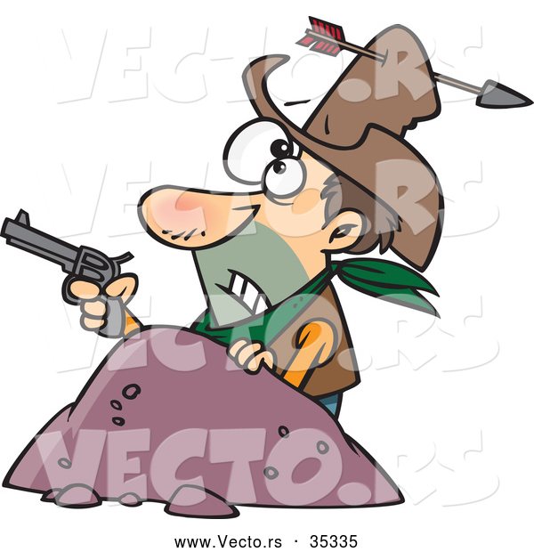 Vector of a Untrained Cartoon Cowboy Holding a Pistol While Getting Shot with in Arrow Through His Hat and Head
