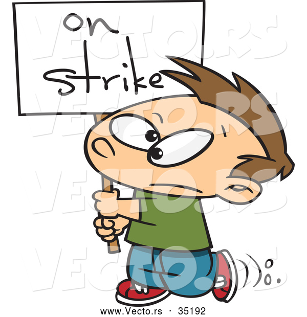 Vector of a Upset Cartoon Boy Walking Around with an 'On Strike' Sign