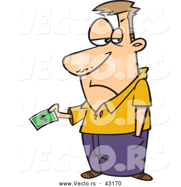 Vector of a Upset Cartoon Man Handing over His Last Dollar Bill