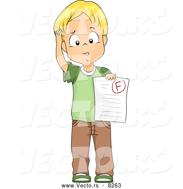 Vector of a Upset Cartoon School Boy Holding a Failed Test Paper with an 'F' Grade
