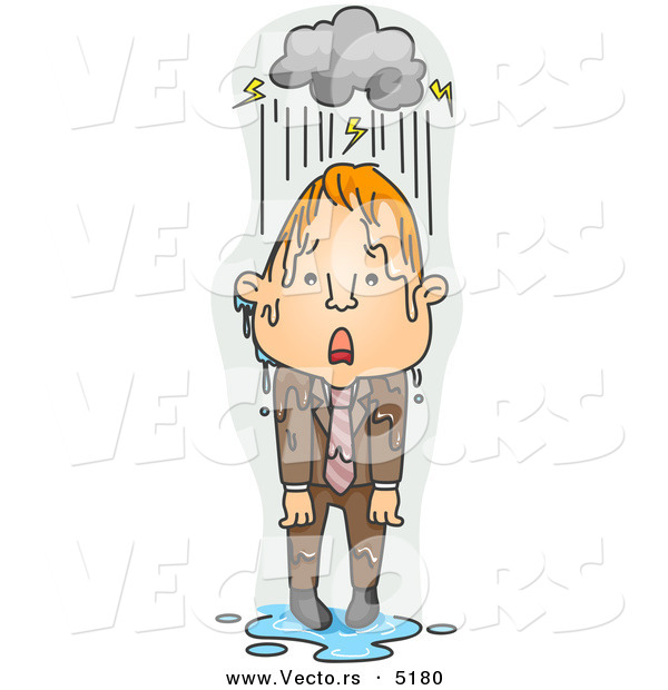Vector of a Upset Young Cartoon Man Standing Under a Stormy Rain Cloud