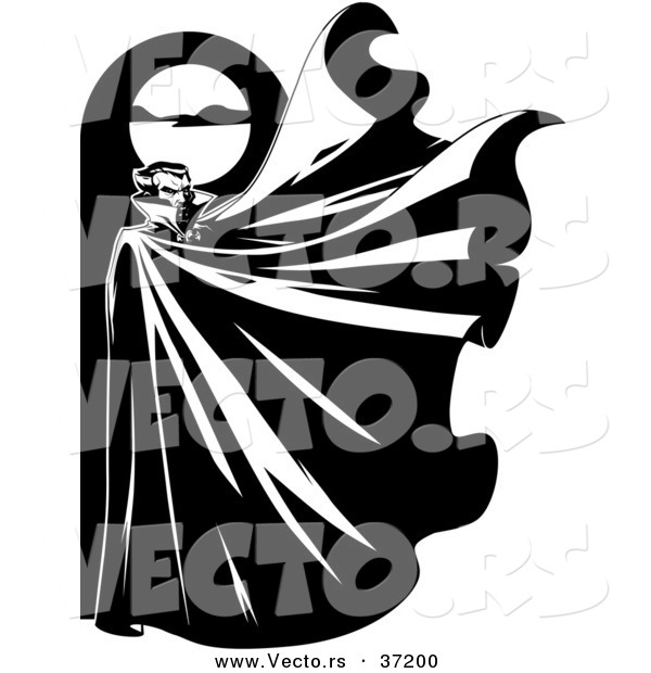 Vector of a Vampire Below a Full Moon with His Cape Flapping Widely in the Wind - Black and White Halloween Line Art