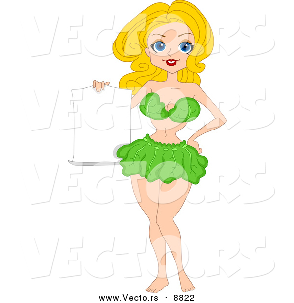 Vector of a Vegetarian Blond Pinup Girl Wearing Lettuce and Holding a Sign