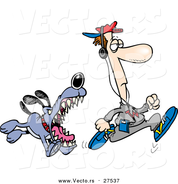 Vector of a Vicious Dog About to Bite an Unaware Man Jogging - Cartoon Style