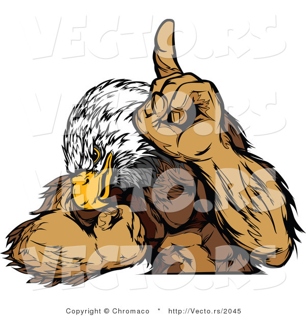 Vector of a Victorious Bald Eagle Mascot Flexing Muscles While Pointing Finger Towards the Sky