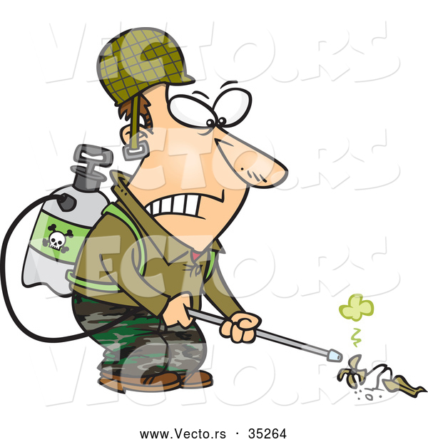 Vector of a Victorious Cartoon Man Killing Weeds with a Toxic Chemical Weed Killer
