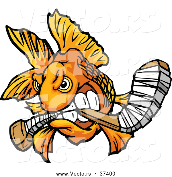 Vector of a Viscous Cartoon Goldfish Biting a Hockey Stick While Looking Fierce