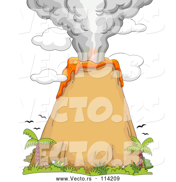 Vector of a Volcano Eruption with Birds and Palm Trees
