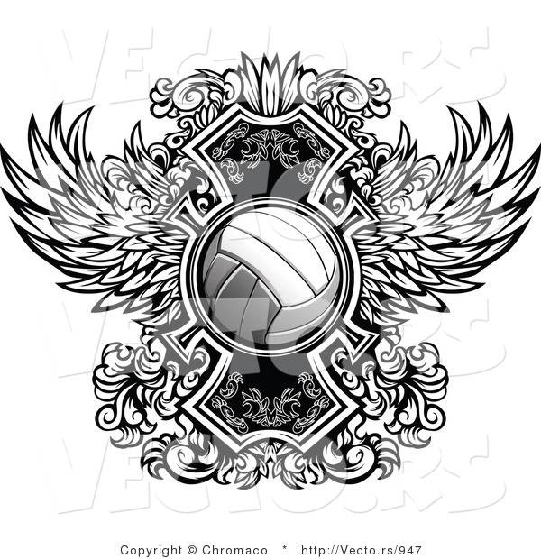 Vector of a Volleyball over Ornate Winged Design