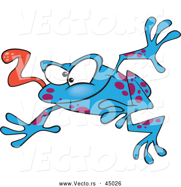 Vector of a Wacky Blue Cartoon Frog Jumping Forward with Tongue out