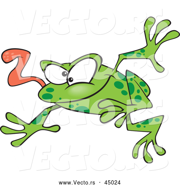 Vector of a Wacky Green Cartoon Frog Jumping Forward with Tongue out