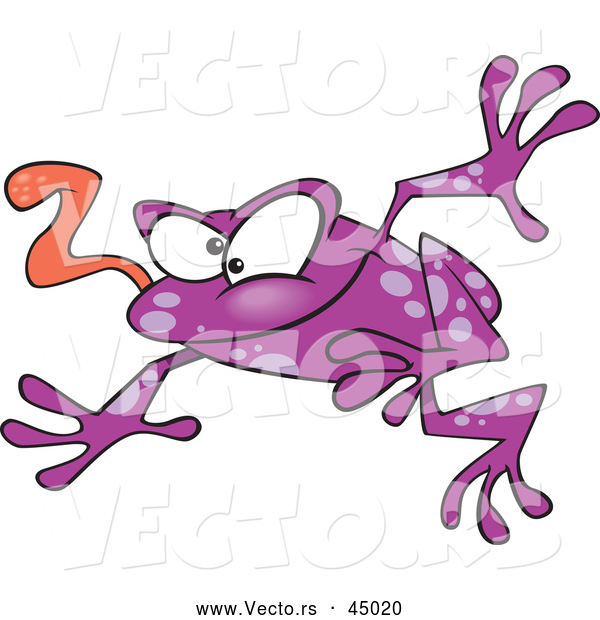 Vector of a Wacky Purple Cartoon Frog Jumping Forward with Tongue out