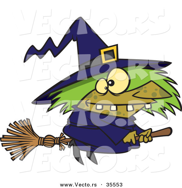 Vector of a Warted Cartoon Witch Riding Her Broomstick on Halloween