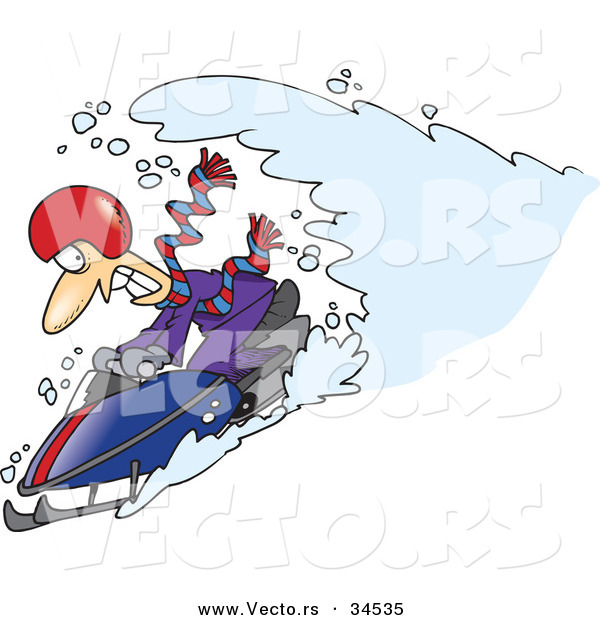 Vector of a Wave of Snow Crashing over a Cartoon Man Driving a Snowmobile