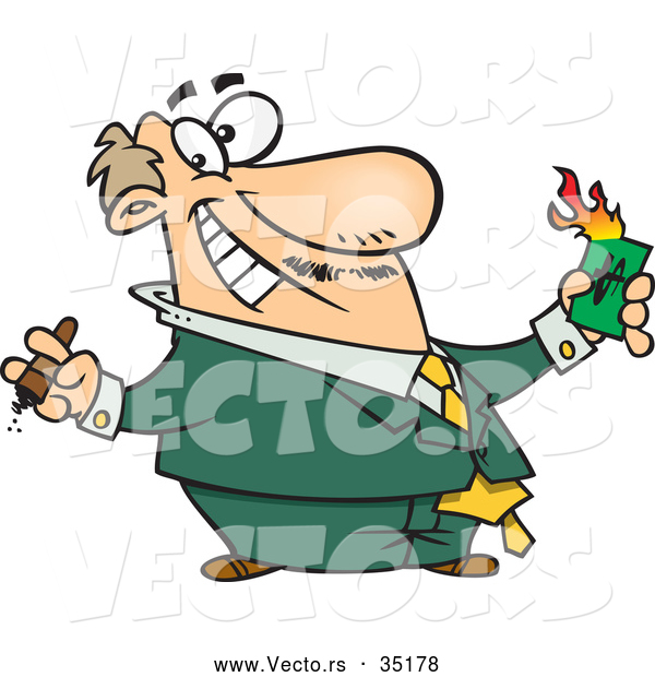 Vector of a Wealthy Cartoon Businessman Burning Money While Smiling