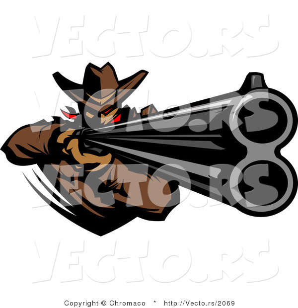 Vector of a Western Cowboy Mascot Pointing a Loaded Double Barrel Rifle