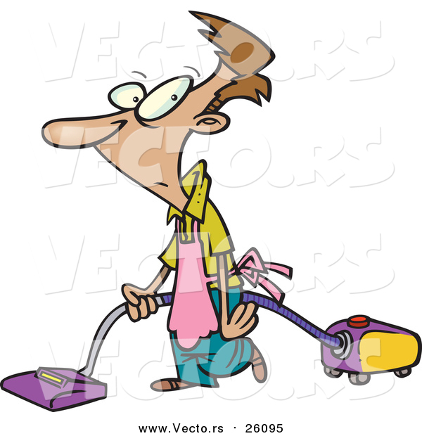 Vector of a Whipped White Man Vacuuming and Wearing an Apron