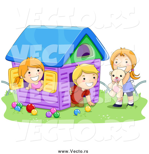 Vector of a White Boy and Two Girls Playing in a Toy House
