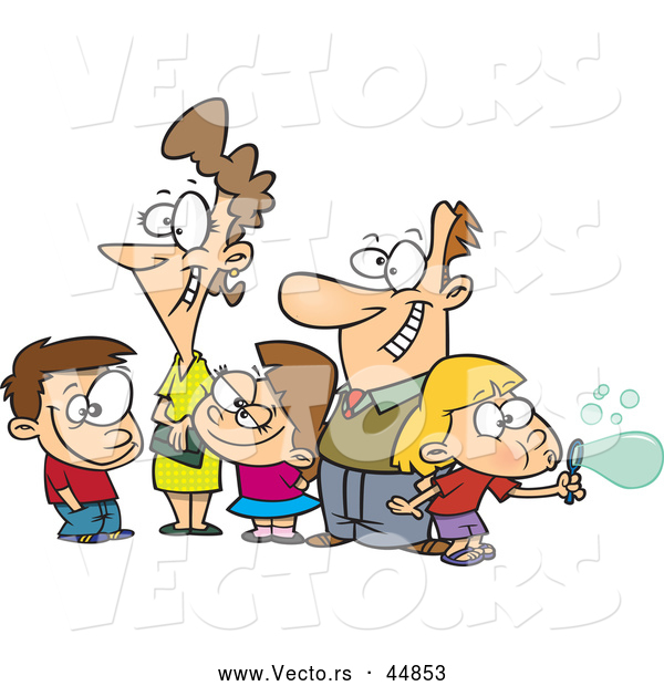 Vector of a White Cartoon Family of Five Trying to Pose Happily Together