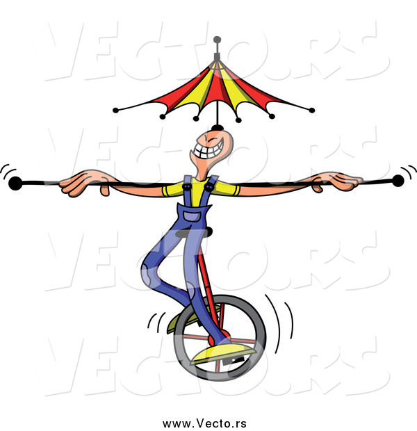 Vector of a White Circus Man Riding a Unicycle with a Bar and Umbrella Balanced on His Head