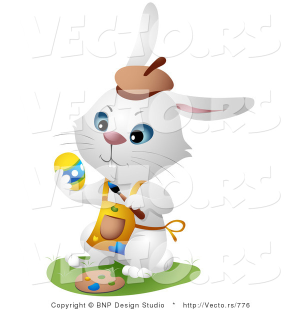 Vector of a White Hare Painting Easter Eggs